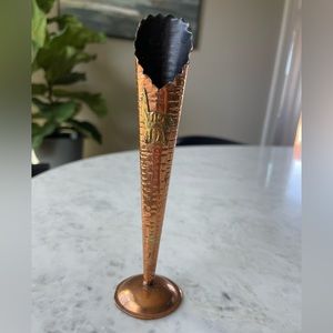 Rare Copper Bud Vase With Gold Tone Llama 6” Tall